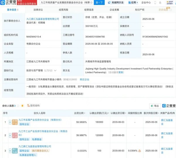 配资融券网 九江市高质量产业发展投资基金登记成立